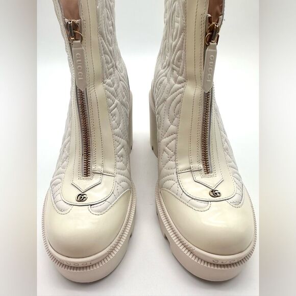 Gucci Trip Combat Zip Boots GG Logo White Quilted Rhombus Block Heel EU 38 US 8 - Picture 2 of 15